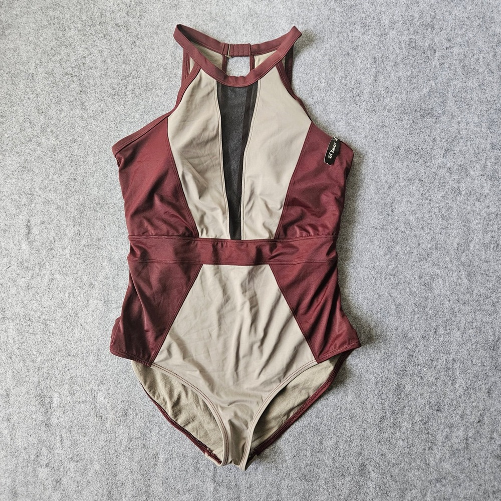 Adore Me One Piece Swimsuit 1X Burgundy Tan Colorblock Mesh High Neck